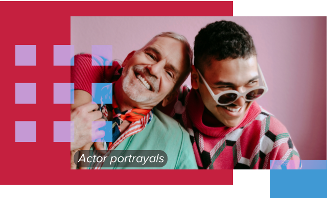 Smiling individual with arm around friend at home. Actor portrayals.